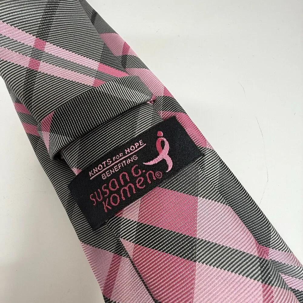Knots For Hope Susan G Komen Breast Cancer Awareness Necktie Pink Gray Plaid